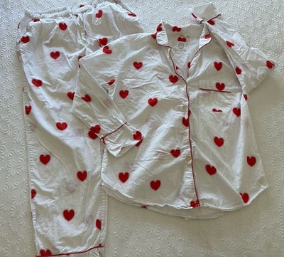 PRINT FRESH 2 Piece Pajama Set Pants Shirt 100% Cotton S Red Hearts Pockets PJs