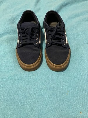 Men Blue Vans With White Stripe And Brown Soles
