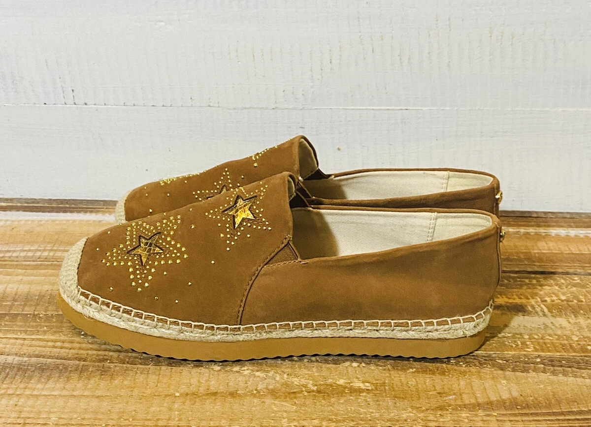 Michael Kors Leather Espadrilles Flat Shoes Brown Gold Embellished Stars 8M