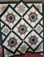 Green  white folk farmhouse country Christmas quilt winter stars 46x54" cottage
