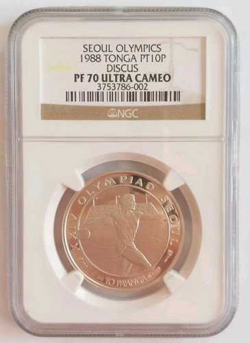 1988 Seoul Olympics Tonga PT10P DISCUS PF 70 Ultra Cameo NGC Platinum Coin
