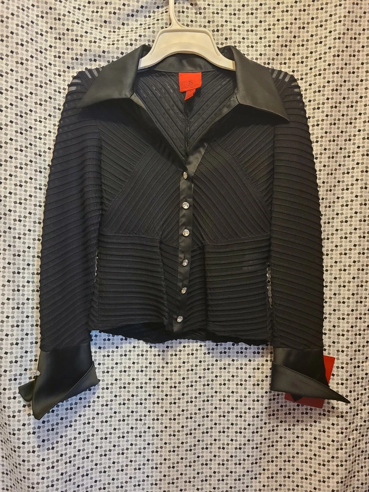 NWT JS COLLECTION Petite Long Sleeve Sheer Blouse w/ Satin Trim Size 8 -MSRP$145 - Image 2 of 4