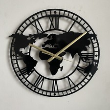 World Map Metal Wall Clock | Roman Numerals | Black/white | 50cm