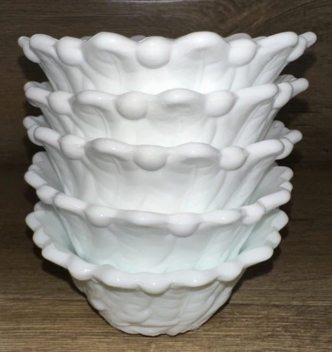 Lot of 5 Vintage Indiana Glass Wild Rose Fruit Cocktail Bowls Milk Glass Leaves