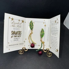 Vtg Lunch At The Ritz Dangle Cherry Leaves Rhinestones Earrings