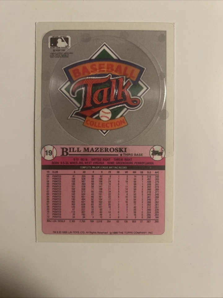 HOF BILL MAZEROSKI 1989 TOPPS / LJN BASEBALL TALK SIGNED AUTOGRAPH CARD PIRATES - Image 2 of 2