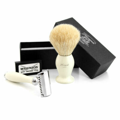 Pure White Hair Badger Brush & Double Edge Blade Safety Razor For Men Head Shave