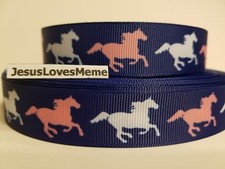 Grosgrain Ribbon Pink  White Running Horses Equines Farm Ranching Cowboy 7/8"