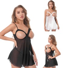 Women's Sexy Lingerie Open Cup Babydolls Dress Nightwear See-through Chemise