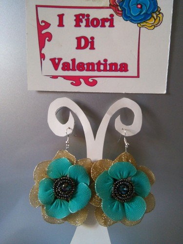 Orecchini pendenti,turchese/oro,corolla in perline in vetro,cristallo,"Mandala" - Foto 5 di 6