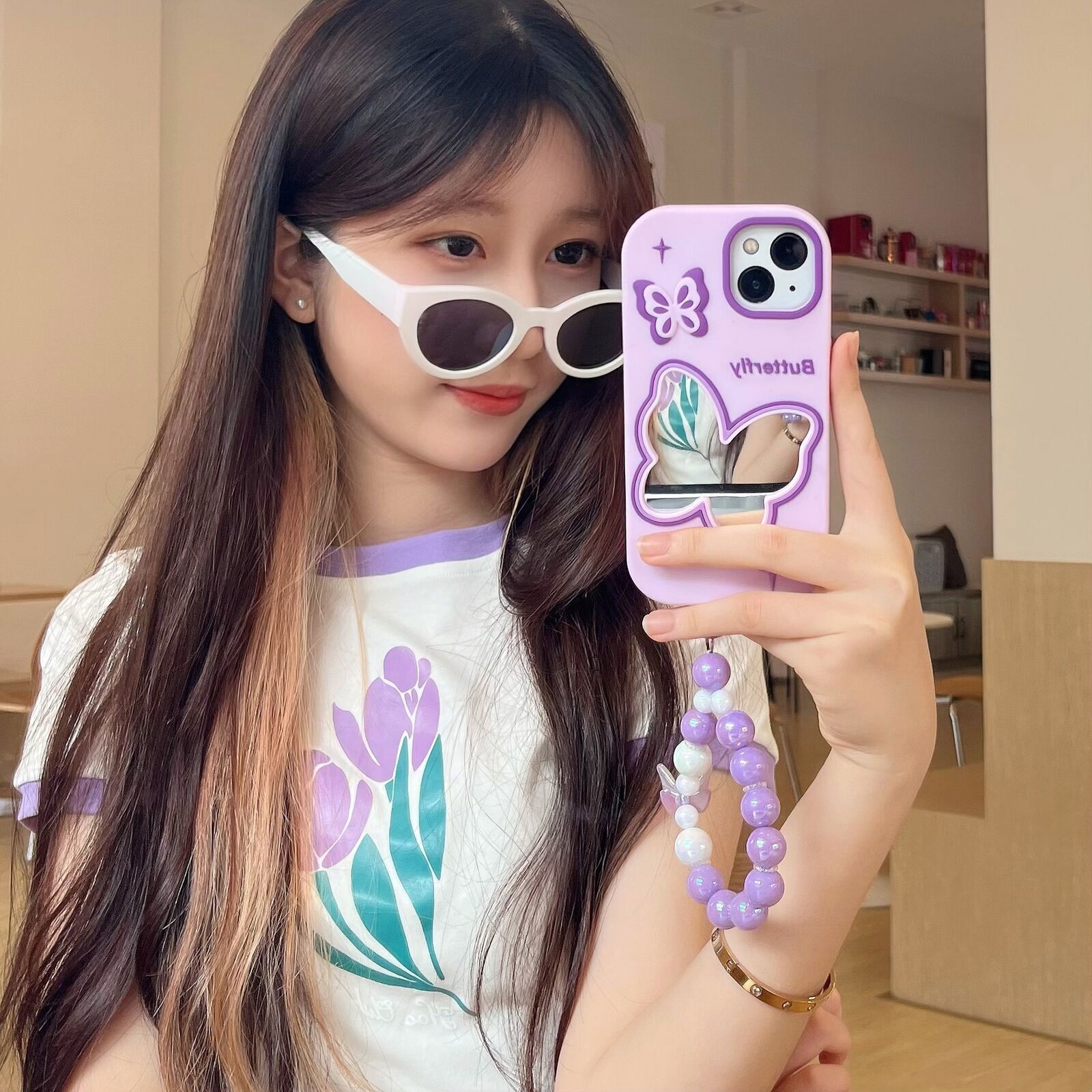 Cute Purple Butterfly Mirror Case with Chain for iPhone 15 14 13 12 11  -image