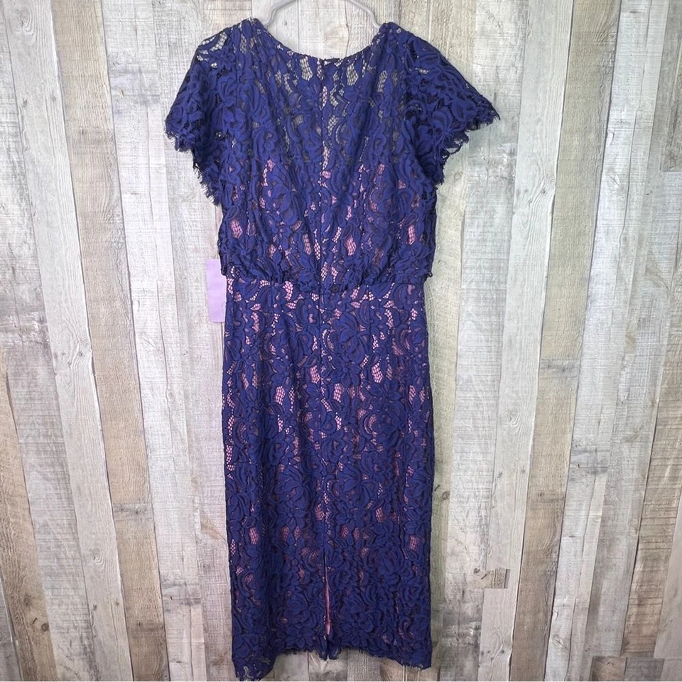 JS Collection Size 10 Navy Blue Floral Lace Rose Liner Short Sleeve Sheath Dress - Image 3 of 4
