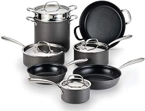 Hard Anodized Nonstick 12-Piece Cookware Set w/ Hammered Stainless Steel Lids