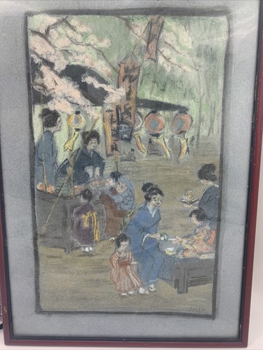 Japanese Scene Meij Period Pastel Painting Japan Artist Village scene Signed MWM - Picture 9 of 12