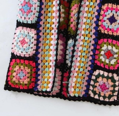 Womens Crochet Handmade Cardigan Knit Long Rainbow Hooded Cardigan Sweater Coats - Picture 15 of 17