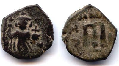 Arab-Byzantine copper fals, imitating Constans II, struck ca. 7th-8th centuries