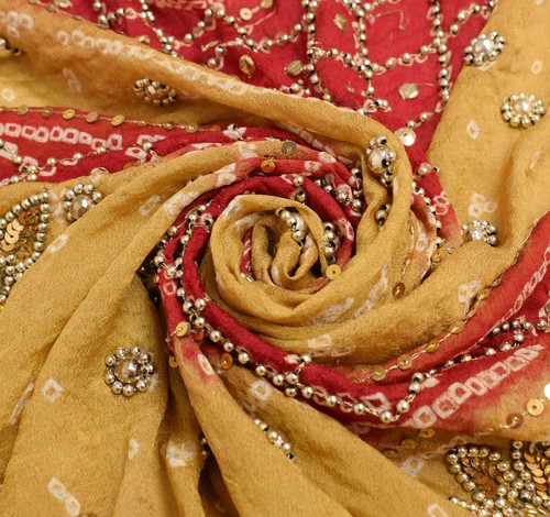 Sushila Vintage Red Bandhani Heavy Dupatta Pure Georgette Gold PearlBeaded Stole - Picture 7 of 10