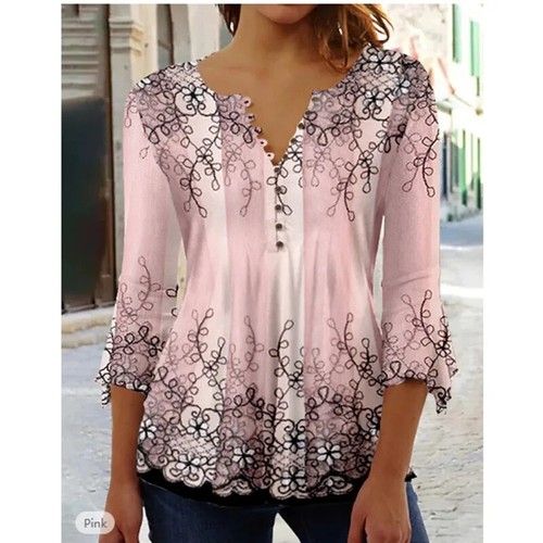 2025 Autumn New Tees For Women's V Neck Button Floral Printed T Shirt Long Flare - Picture 23 of 34