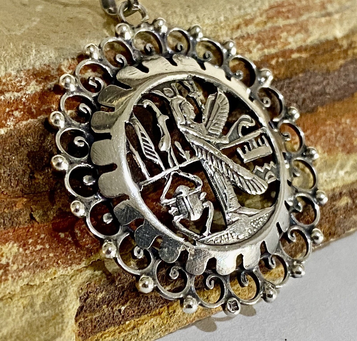 Vintage Sterling Silver Art Deco Style Egyptian Circle Pendant & 20"  Necklace View 2