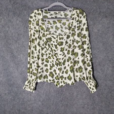 Loft Ann Taylor Top Xs Olive Crepe Milkmaid Peasant Smocked Sleeve Cheetah Boho