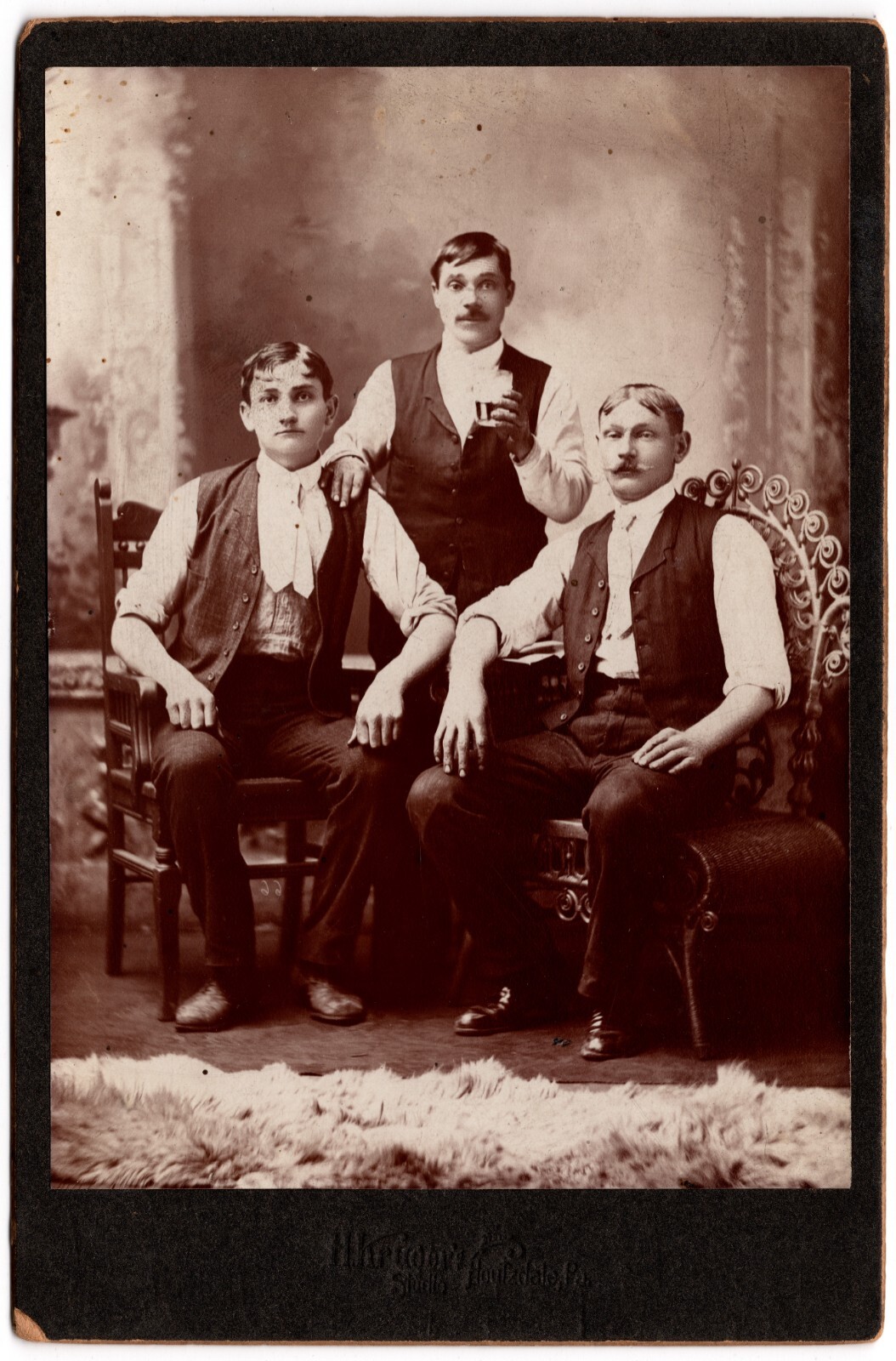 CIRCA 1890s CABINET CARD HANDSOME WILD WEST MEN DRINKING BEER HOUTZDALE PA.