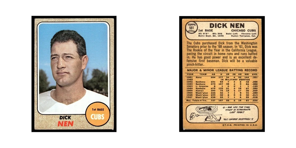 1968 Topps Baseball Card Dick Nen Cubs #591 - Image 3 of 3
