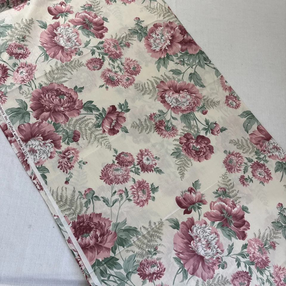 Joan Kessler Concord Fabric Ivory Pink Green Floral Cottage Roses 4 yd Remnant - Image 3 of 4