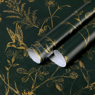 Safiyya Blackish Dark Green And Gold Wallpaper Floral Bird Peel And Stick