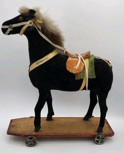 Antique German Toy Horse Pull Toy Metal Wheels, Wood Base, Fur Mane