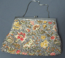 Walborg Beaded on Tapestry Handbag Clutch - Metal Frame - Satin Lining - 9 221