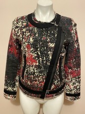 Desigual Asymmetric Zip Textured Woven Tweed Jacket Blazer Size 38 Black/Red