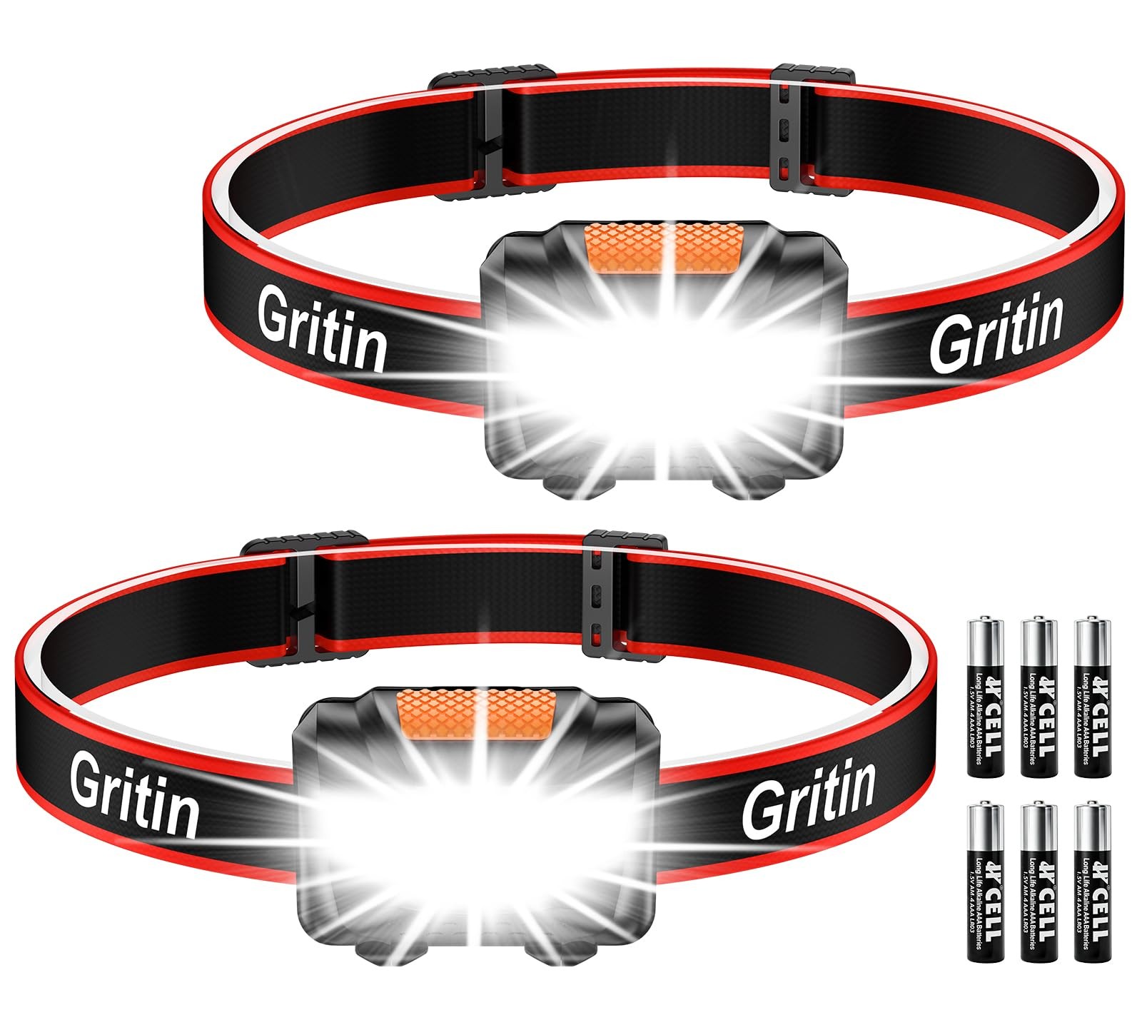 Gritin LED Head Torch [2 Pack] Super Bright Headlamp Headlight with 3 Modes