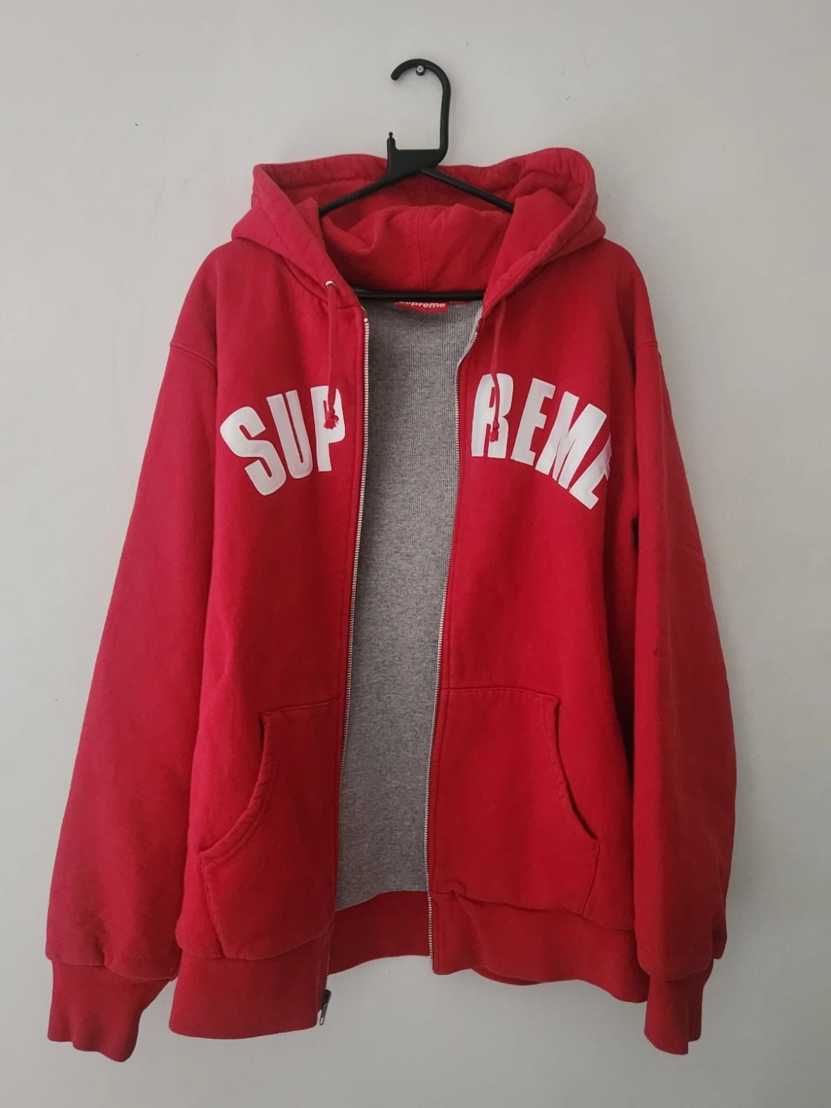 FW10 Supreme Arc Logo Thermal Zip Up Hooded Sweatshirt Red Hoodie XL Vintage