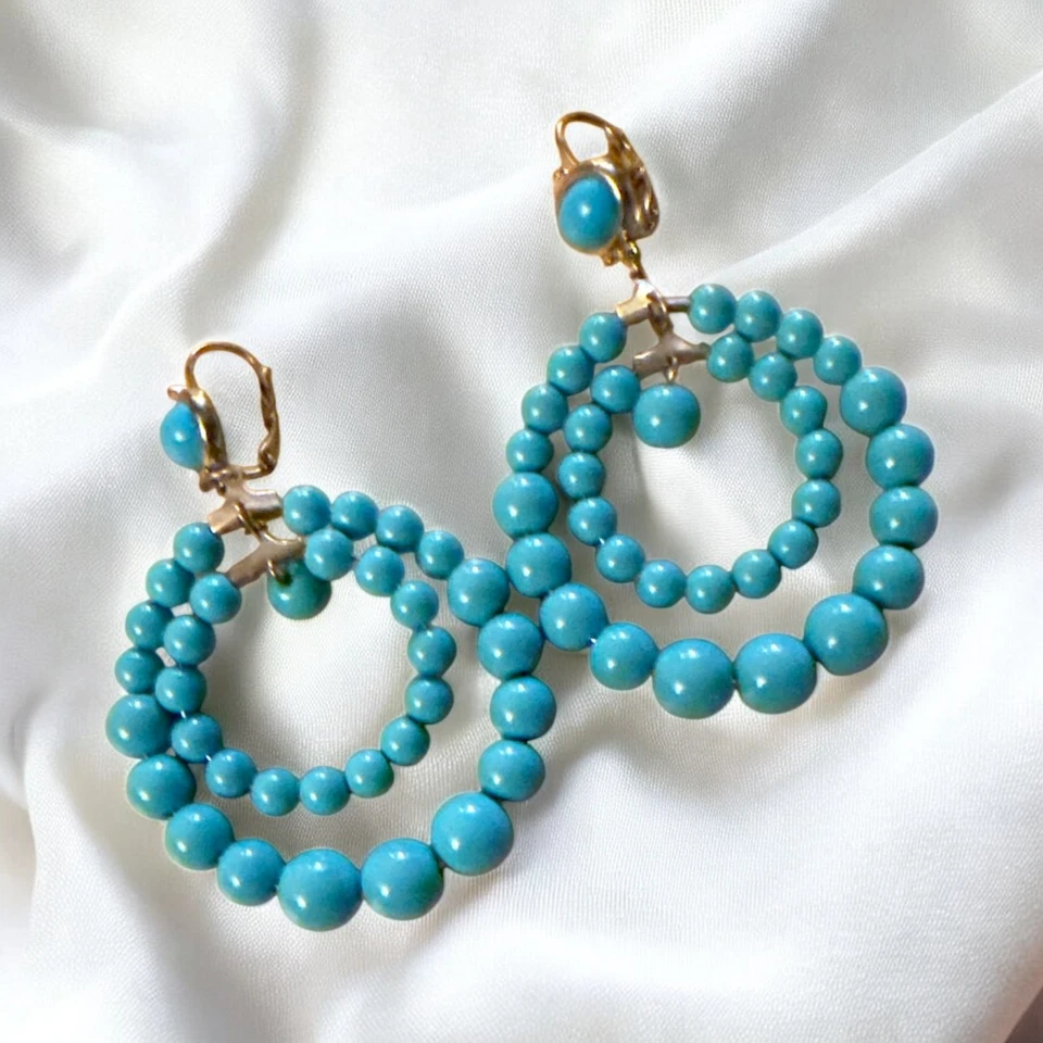 KJL Kenneth Jay Lane Blue Turquoise Plastic Bead Statement Hoop Earrings - Image 2 of 4