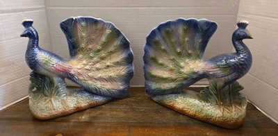  Vtg Lusterware Ceramic Peacock Figurine Pair Iridescent Fan Tail Made in China