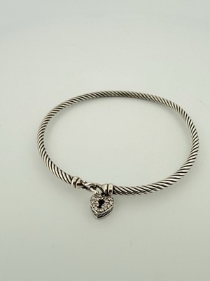 David Yurman Diamond Heart Lock Bangle Cable Bracelet 925 Sterling Silver 