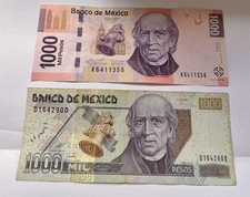 2002 ,06  El Banco DE  MEXICO 1000 PESOS DIFERENTE COLOR  USED LOT 2 PCS