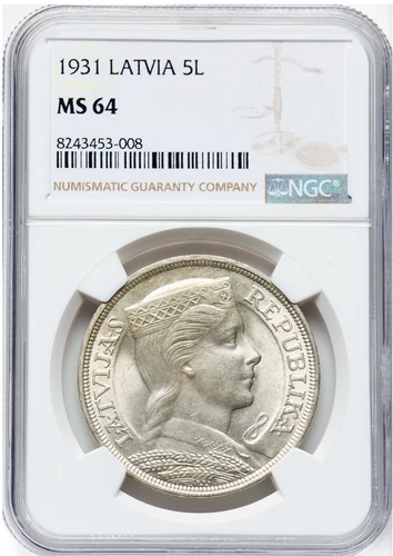 High Grade! 1931 Latvia 5 Lati Silver Coin in NGC slab MS 64 Choice UNC, BU