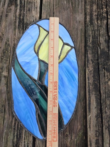 Leaded Floral Stained Glass Yellow Tulip Sun Catcher Flower 7.5" X 14" Hand Made - Picture 10 of 13