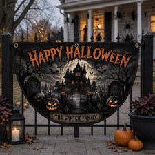 Personalized Halloween Semicircle Banner, Haunted House Family Name Yard Flag