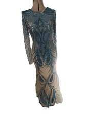 Aisha Haute Couture Gown 10 Teal Nude Beaded Illusion Mermaid Prom, Pagents