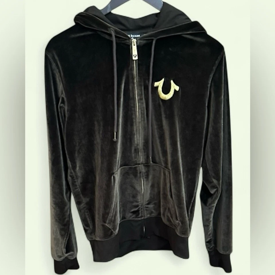 Women's True Religion Brown Velour Full Zip Hoodie Jacket Stitched Logo size Med - Image 2 of 4