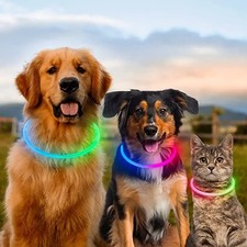 LED Dog Collar USB Rechargeable Flashing Light Up Pet Safety Glow Necklace