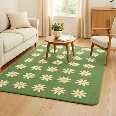 Handgetufteter Wollteppich Gänseblümchen - Grün Blumen Cottagecore Teppich