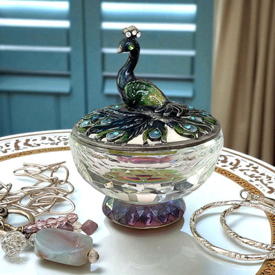 Vintage Welforth Peacock Trinket Box Pewter Blue & Green Enamel Crystal Base 3''