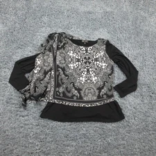 DG2 Diane Gilman Top Womens Medium Black Gray Paisley Asymmetric Blouse Shirt
