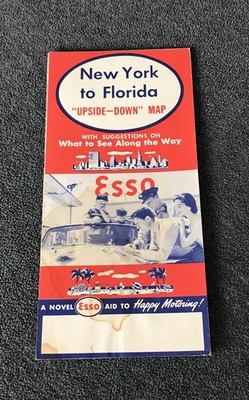 1956 Esso New York to Florida Upside-Down Road Street Map Standard Oil Vintage