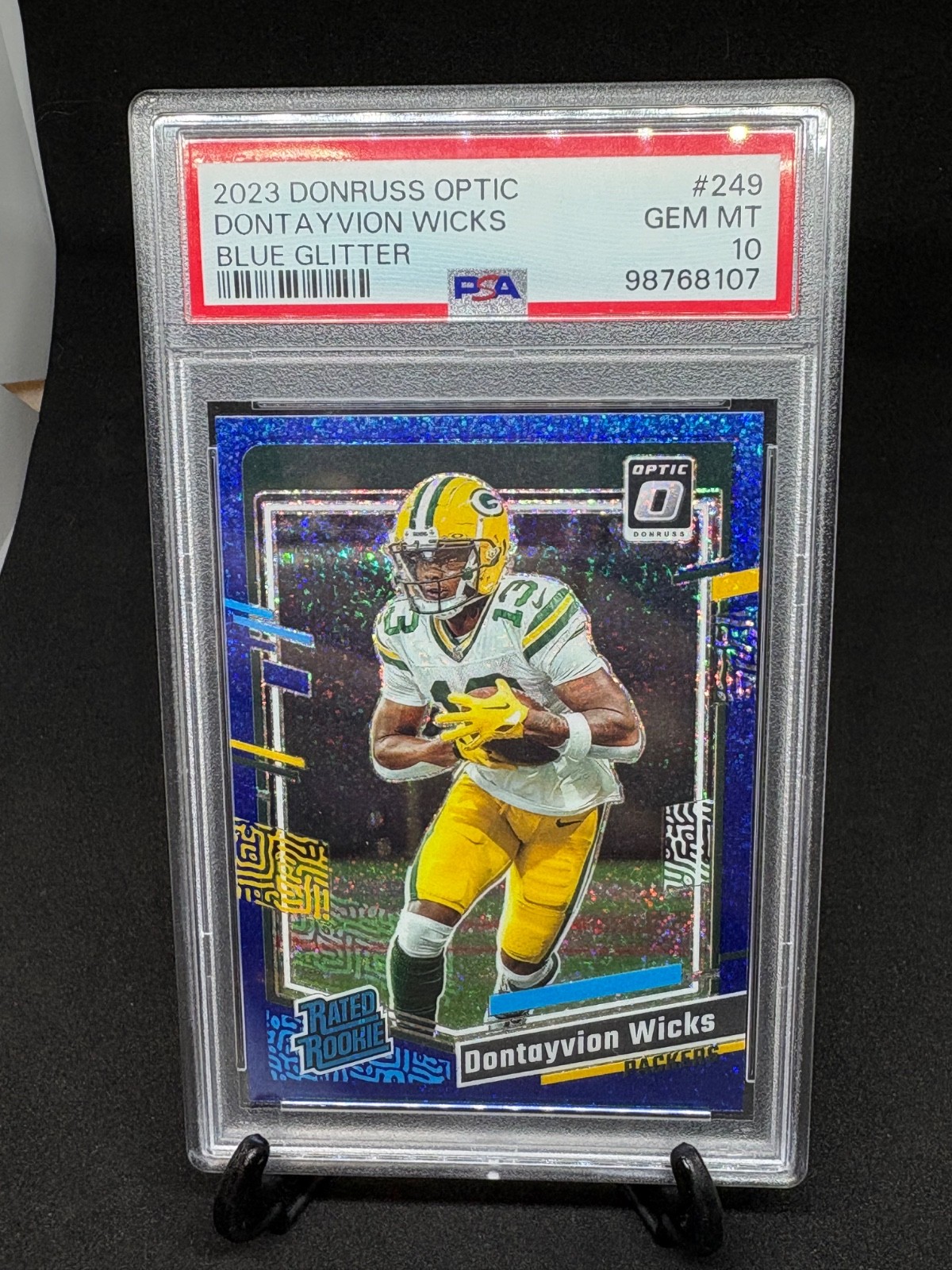 2023 PANINI DONRUSS OPTIC BLUE GLITTER #249 DONTAYVION WICKS ROOKIE RC PSA 10