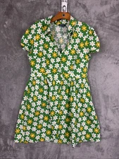 ModCloth Dress Sz XL Floral Green Yellow White Daisies Collar Button Front