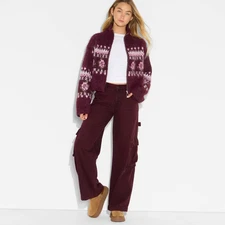 Women's Full Zip Mock Turtleneck Cardigan - Wild Fable Burgundy Floral XXS